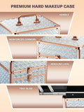 Premium hard makeup case with features highlighted on a beige background