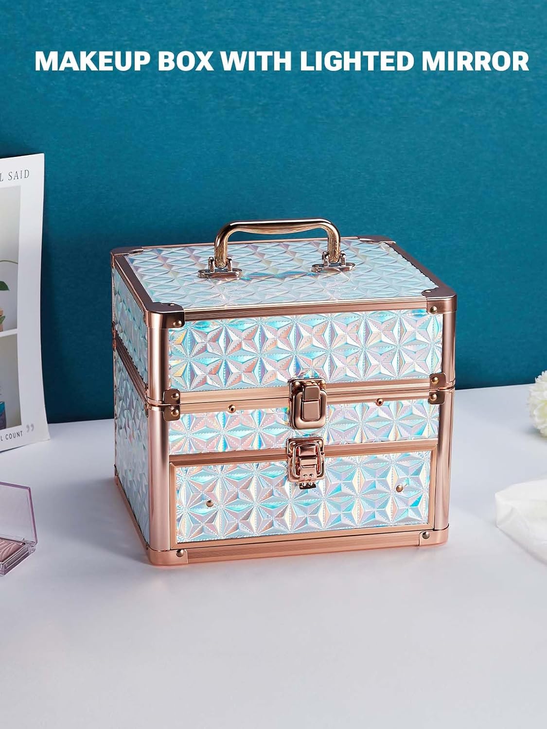 Makeup box with lighted mirror and diagonal blue pattern on a white surface with a blue background