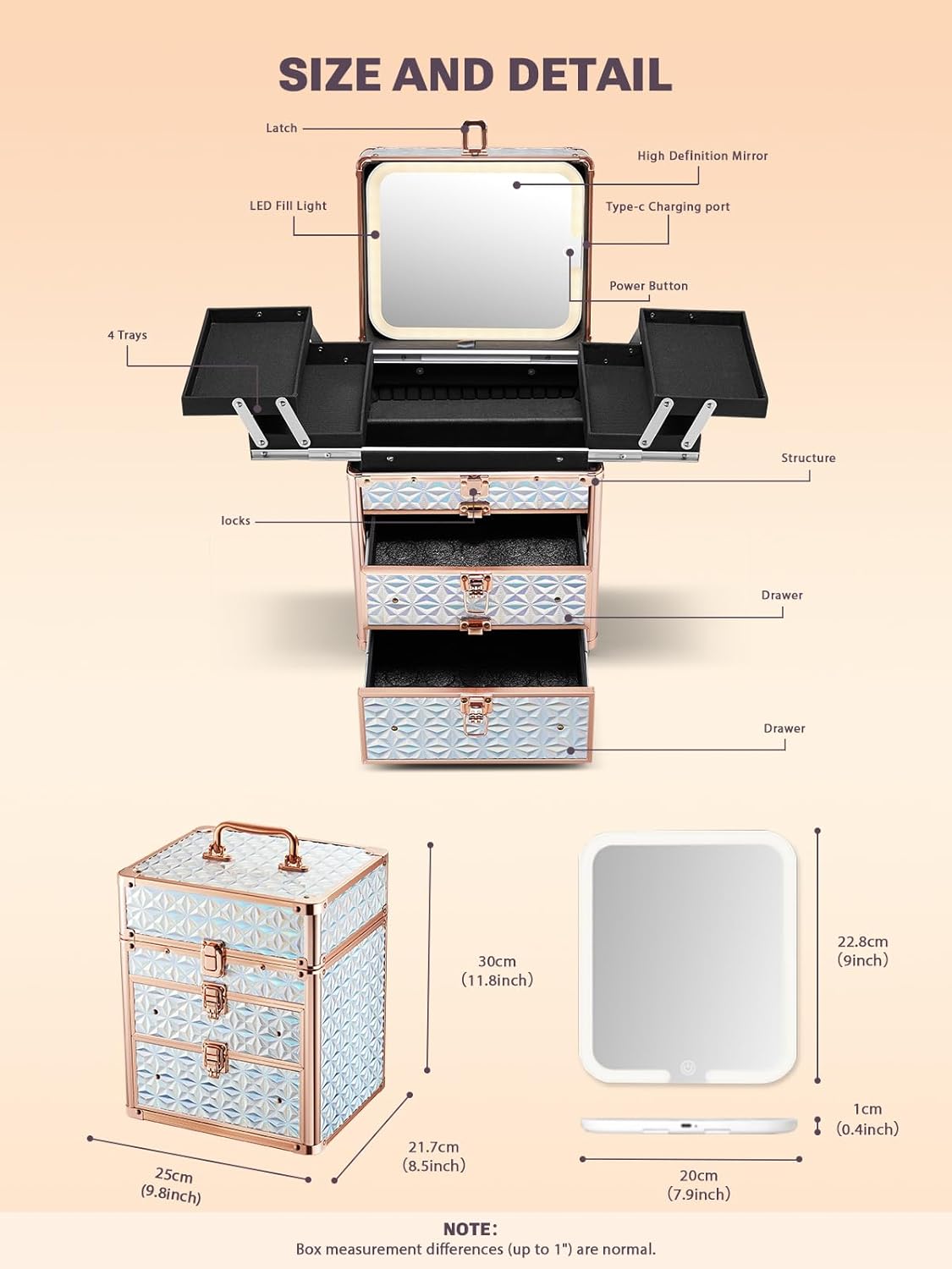 Makeup storage case with features and measurements on a beige background