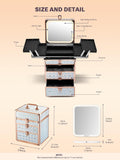 Makeup storage case with features and measurements on a beige background