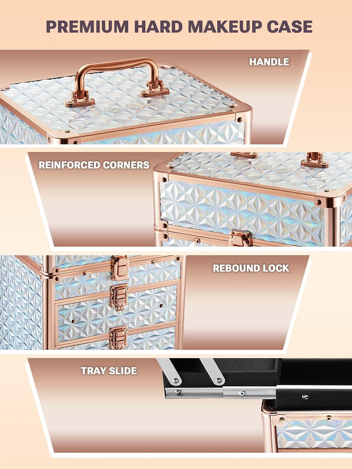 Premium hard makeup case with handle, reinforced corners, rebound lock, and tray slide on a beige background.
