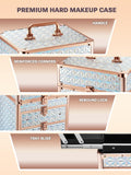 Premium hard makeup case with handle, reinforced corners, rebound lock, and tray slide on a beige background.