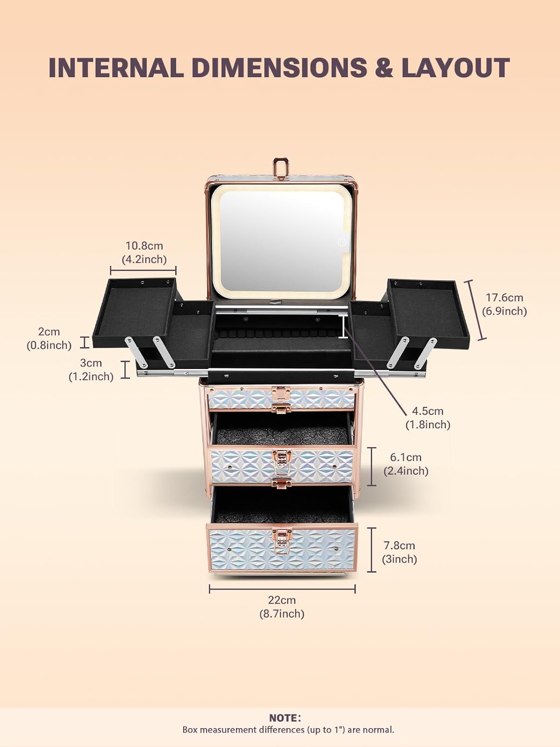 makeup box with measurements on a beige background
