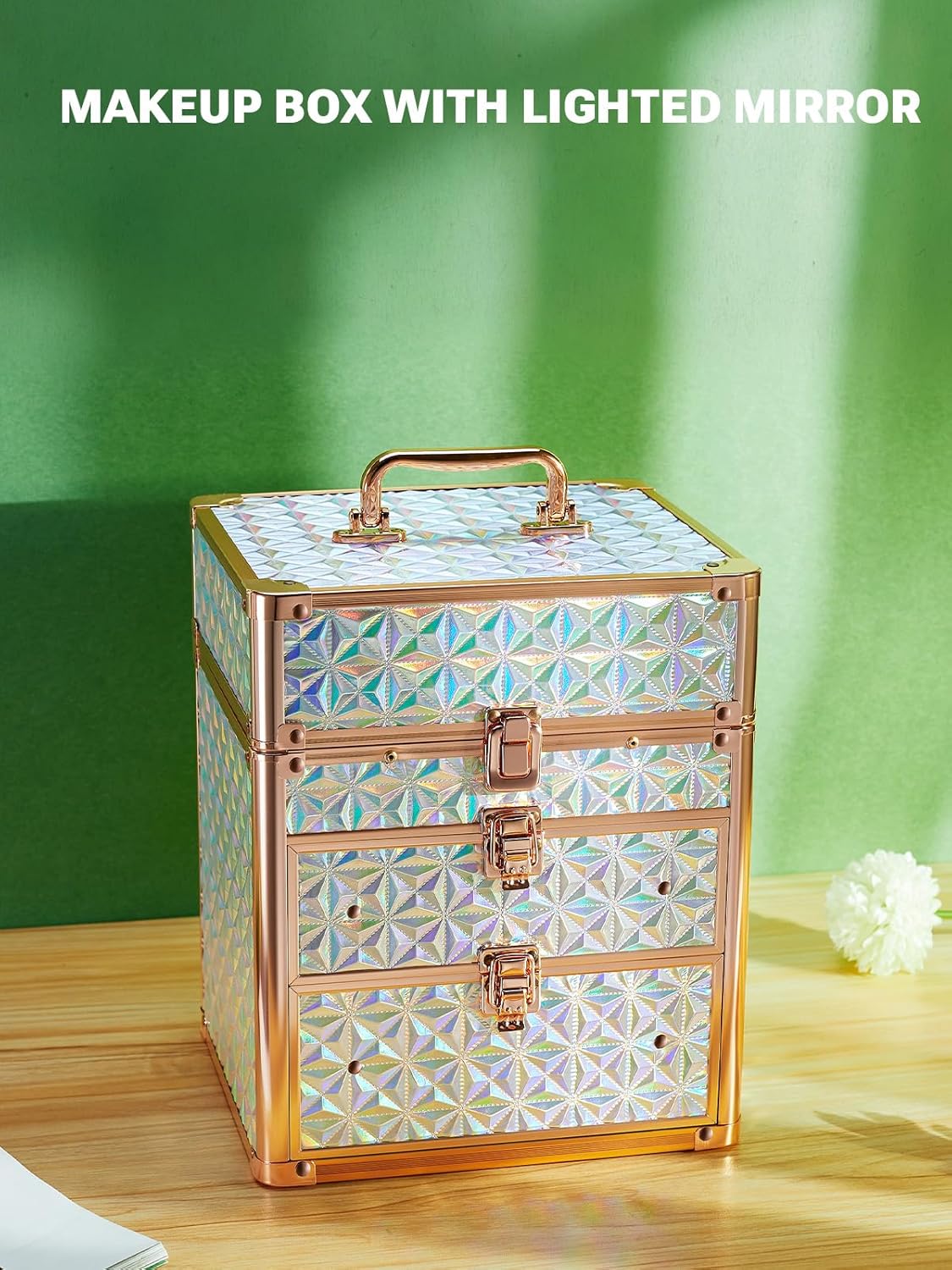 Makeup box with lighted mirror on a wooden surface with a green background