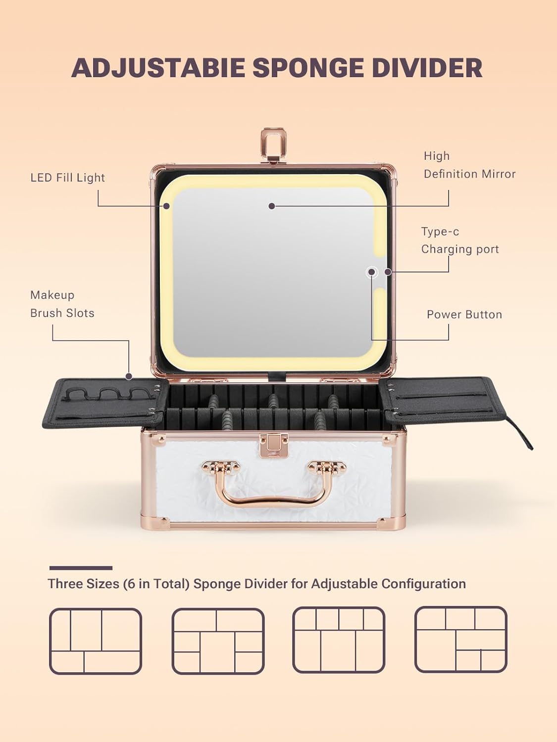 white makeup box with adjustable sponge divider and detachable LED fill light, and brush slots