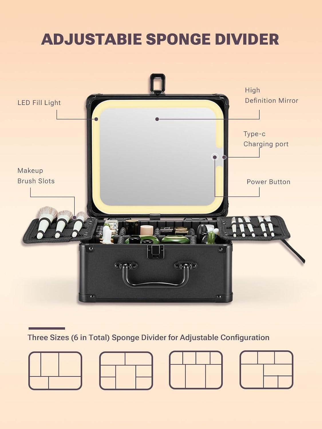 black makeup box with adjustable sponge divider and detachable LED fill light, and brush slots