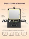 black makeup box with adjustable sponge divider and detachable LED fill light, and brush slots