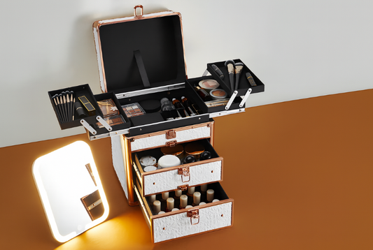 Modern 2026 makeup case with LED lighting and organized compartments for travel and daily beauty routines.