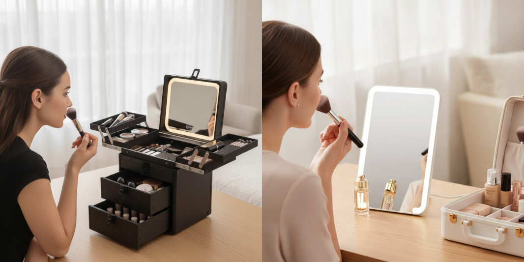 A photo of a woman doing her makeup in front of a makeup case/LED mirror.