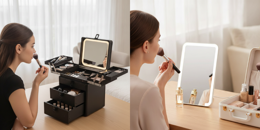 A photo of a woman doing her makeup in front of a makeup case/LED mirror.
