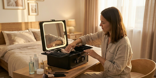 a woman cleaning a black makeup case that is set on top of a wooden table