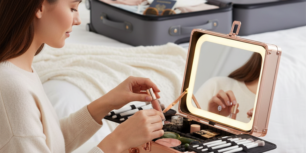 a woman putting a lipstick inside a rose gold makeup case with LED mirror and an open suitcase can be seen in the background