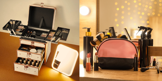 makeup case with trays and drawers and a lighted mirror beside it. On the right side is a makeup bag with lipsticks and other makeup items