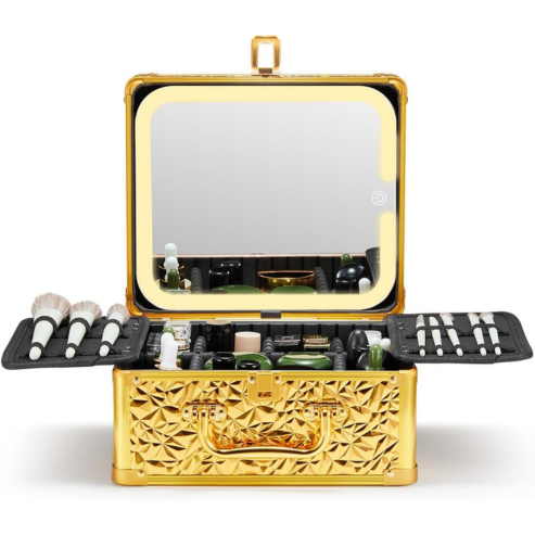 Qislee Makeup Box with A Detachable Lighted Mirror, Waterproof Travel Train Case, Cosmetic Organizer and Makeup Suitcase with Adjustable Dividers, Magnetic LED Mirror (Luxury Gold)