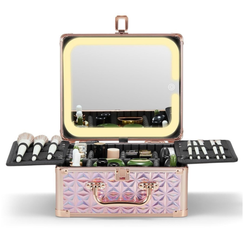 A makeup box with a detachable lighted mirror and multiple compartments, featuring a sparkling pink color with a geometric pattern and a rose gold handle.