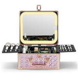 A makeup box with a detachable lighted mirror and multiple compartments, featuring a sparkling pink color with a geometric pattern and a rose gold handle.