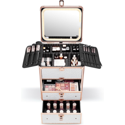 Makeup Box with Double Drawers and A Detachable Lighted Mirror, Waterproof Travel Train Case, Cosmetic Organizer and Makeup Suitcase with Adjustable Dividers, Magnetic LED Mirror (Bright White)