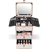 Makeup Box with Double Drawers and A Detachable Lighted Mirror, Waterproof Travel Train Case, Cosmetic Organizer and Makeup Suitcase with Adjustable Dividers, Magnetic LED Mirror (Bright White)