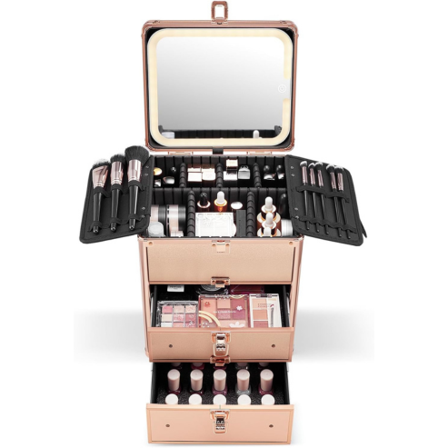 Qislee Makeup Box with Double Drawers and A Detachable Lighted Mirror, Waterproof Travel Train Case, Cosmetic Organizer and Makeup Suitcase with Adjustable Dividers, Magnetic LED Mirror (Rose Gold)