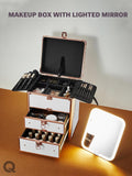 Makeup Box with Double Drawers and A Detachable Lighted Mirror, Waterproof Travel Train Case, Cosmetic Organizer and Makeup Suitcase with Adjustable Dividers, Magnetic LED Mirror (Bright White)