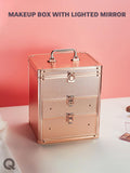 Qislee Makeup Box with Double Drawers and A Detachable Lighted Mirror, Waterproof Travel Train Case, Cosmetic Organizer and Makeup Suitcase with Adjustable Dividers, Magnetic LED Mirror (Rose Gold)