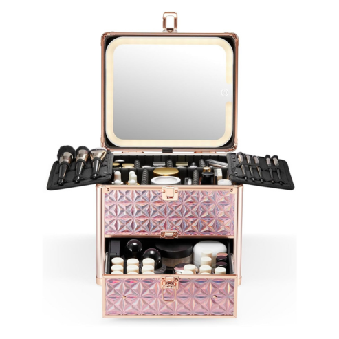 Qislee Makeup Box with Drawer and A Detachable Lighted Mirror, Waterproof Travel Train Case, Cosmetic Organizer and Makeup Suitcase with Adjustable Dividers, Magnetic LED Mirror  (Sparkling Pink)