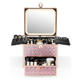 Qislee Makeup Box with Drawer and A Detachable Lighted Mirror, Waterproof Travel Train Case, Cosmetic Organizer and Makeup Suitcase with Adjustable Dividers, Magnetic LED Mirror  (Sparkling Pink)