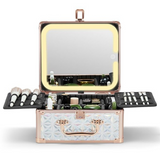 A makeup box with a detachable lighted octagonal mirror, featuring multiple compartments with adjustable dividers, and a brush storage board. The exterior has a geometric pattern with a rose gold finish.