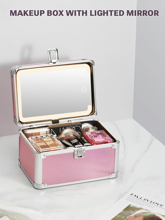 Qislee Makeup Box Mini with A Detachable Lighted Mirror, Waterproof Travel Train Case, Cosmetic Organizer and Small Makeup Case with Magnetic LED Mirror