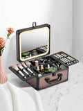 Qislee Makeup Box with A Detachable Lighted Mirror, Waterproof Travel Train Case, Cosmetic Organizer and Makeup Suitcase with Adjustable Dividers, Magnetic LED Mirror(Golden Brown, Spiral)