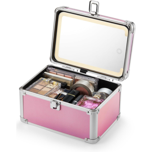 Qislee Makeup Box Mini with A Detachable Lighted Mirror, Waterproof Travel Train Case, Cosmetic Organizer and Small Makeup Case with Magnetic LED Mirror