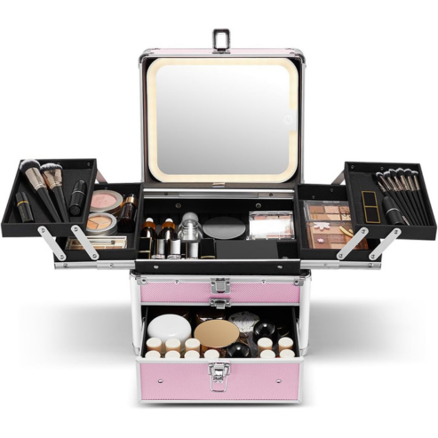 Qislee Makeup Box with Drawer and Four Trays, A Detachable Lighted Mirror, Waterproof Travel Train Case, Cosmetic Organizer and Makeup Suitcase with Magnetic LED Mirror(ICY Pink)