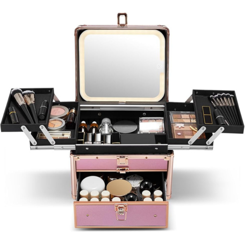 Makeup case with various cosmetic items and a mirror on a white background