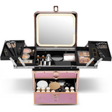 Makeup case with various cosmetic items and a mirror on a white background