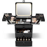 Qislee Makeup Box with Double Drawers and Four Trays, A Detachable Lighted Mirror, Waterproof Travel Train Case, Cosmetic Organizer and Makeup Suitcase with Magnetic LED Mirror(Black)