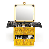 Qislee Makeup Box with Drawer and A Detachable Lighted Mirror, Waterproof Travel Train Case, Cosmetic Organizer and Makeup Suitcase with Adjustable Dividers, Magnetic LED Mirror (Luxury Gold)