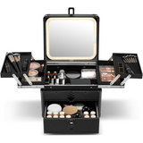 Qislee Makeup Box with Drawer and Four Trays, A Detachable Lighted Mirror, Waterproof Travel Train Case, Cosmetic Organizer and Makeup Suitcase with Magnetic LED Mirror(Black)
