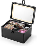Qislee Makeup Box Mini with A Detachable Lighted Mirror, Waterproof Travel Train Case, Cosmetic Organizer and Small Makeup Case with Magnetic LED Mirror