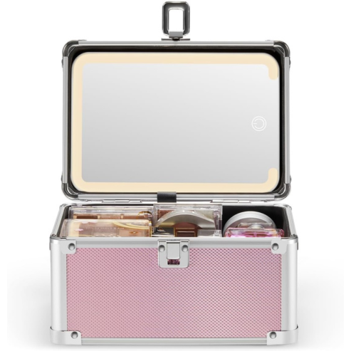 Pink makeup case with mirror and compartments on a white background