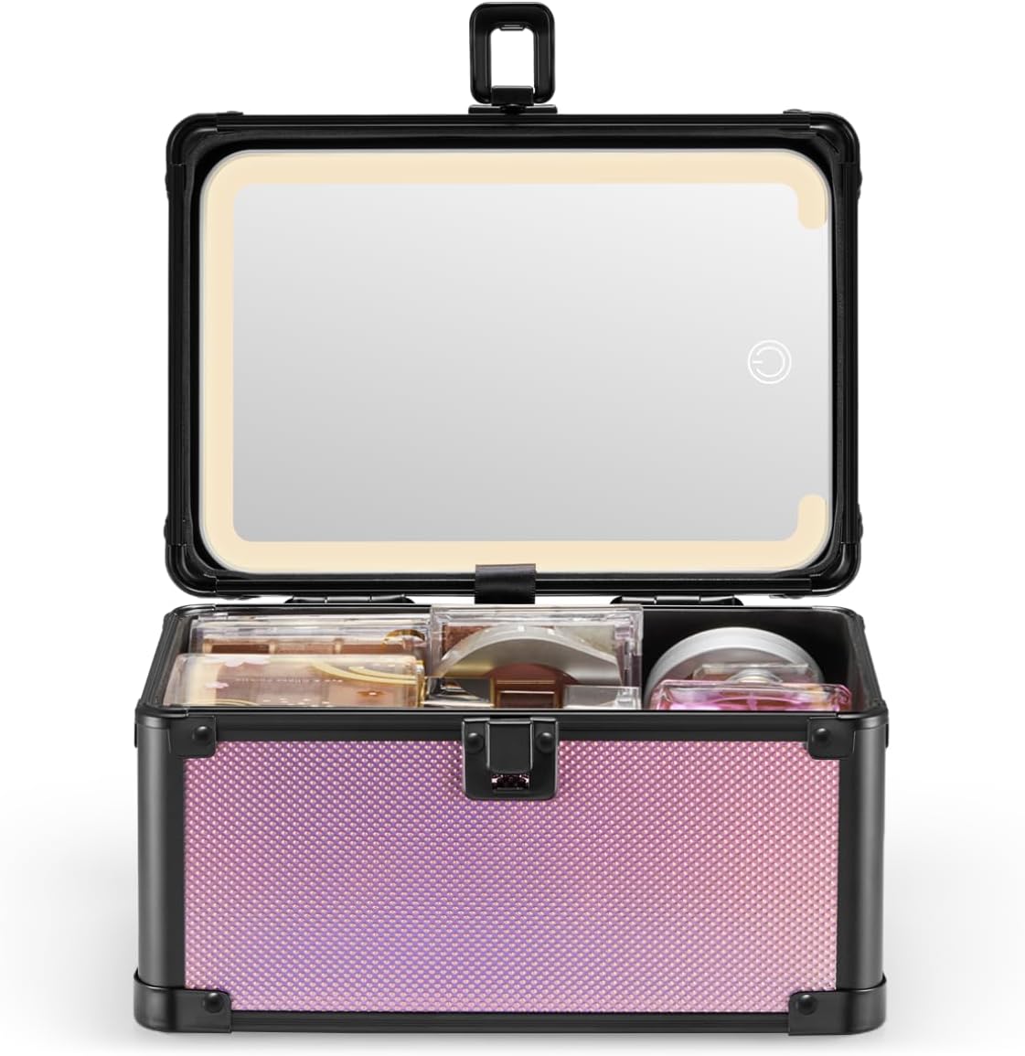 Makeup case with open lid showing mirror and compartments on a white background