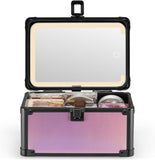 Makeup case with open lid showing mirror and compartments on a white background