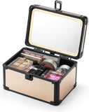 Qislee Makeup Box Mini with A Detachable Lighted Mirror, Waterproof Travel Train Case, Cosmetic Organizer and Small Makeup Case with Magnetic LED Mirror