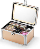 Qislee Makeup Box Mini with A Detachable Lighted Mirror, Waterproof Travel Train Case, Cosmetic Organizer and Small Makeup Case with Magnetic LED Mirror
