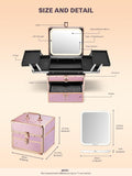Qislee Makeup Box with Drawer and Four Trays, A Detachable Lighted Mirror, Waterproof Travel Train Case, Cosmetic Organizer and Makeup Suitcase with Magnetic LED Mirror(Sparkling Gradient Pink)