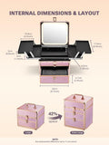 Qislee Makeup Box with Drawer and Four Trays, A Detachable Lighted Mirror, Waterproof Travel Train Case, Cosmetic Organizer and Makeup Suitcase with Magnetic LED Mirror(Sparkling Gradient Pink)