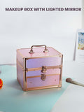 Qislee Makeup Box with Drawer and Four Trays, A Detachable Lighted Mirror, Waterproof Travel Train Case, Cosmetic Organizer and Makeup Suitcase with Magnetic LED Mirror(Sparkling Gradient Pink)