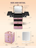 Qislee Makeup Box with Double Drawers and Four Trays, Detachable Lighted Mirror, Waterproof Travel Train Case, Cosmetic Organizer and Makeup Suitcase with Magnetic LED Mirror(Sparkling Gradient Pink)