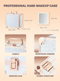 professional hard makeup case with LED mirror, handle, reinforced corners, rebound lock, sturdy structure. The dimensions of the makeup box and the mirror are also shown
