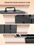 Qislee Makeup Box with Double Drawers and Four Trays, A Detachable Lighted Mirror, Waterproof Travel Train Case, Cosmetic Organizer and Makeup Suitcase with Magnetic LED Mirror(Black)