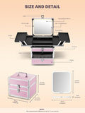 Qislee Makeup Box with Drawer and Four Trays, A Detachable Lighted Mirror, Waterproof Travel Train Case, Cosmetic Organizer and Makeup Suitcase with Magnetic LED Mirror(ICY Pink)